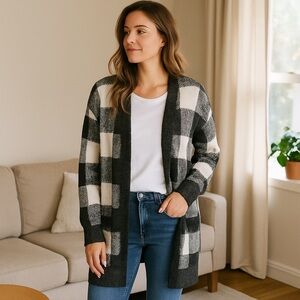 American Eagle Buffalo Plaid Open-front Wool Blend Cardigan M
